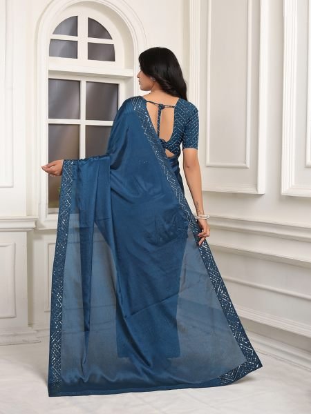 Ready To Wear Embroidered Lace Chinon Solid Plain Teal Blue Saree Ready To Wear Sarees