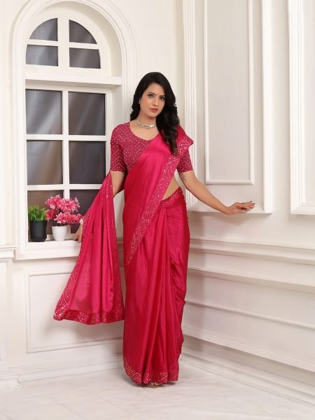 Ready To Wear Embroidered Lace Chinon Solid Plain Rani Pink Saree Ready To Wear Sarees