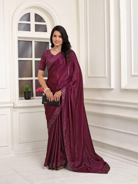 Ready To Wear Embroidered Lace Chinon Solid Plain Wine Saree Ready To Wear Sarees