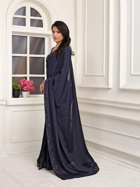 Ready To Wear Embroidered Lace Chinon Solid Plain Navy Blue Saree Ready To Wear Sarees