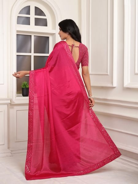 Ready To Wear Embroidered Lace Chinon Solid Plain Rani Pink Saree Ready To Wear Sarees