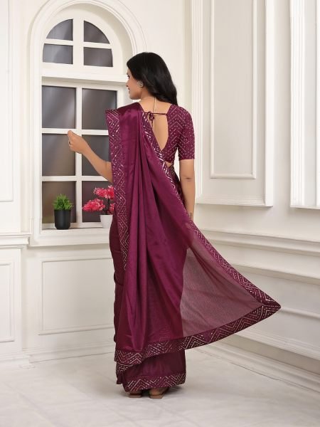 Ready To Wear Embroidered Lace Chinon Solid Plain Wine Saree Ready To Wear Sarees