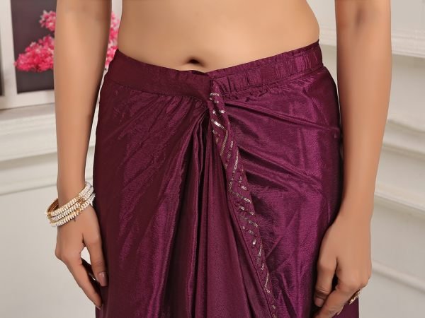 Ready To Wear Embroidered Lace Chinon Solid Plain Wine Saree Ready To Wear Sarees