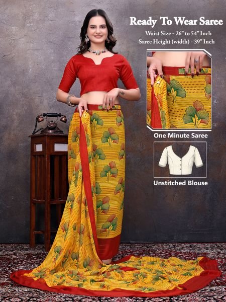 Ready to Wear Floral Leaf Printed Simmer Silk saree Ready To Wear Sarees