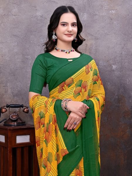 Ready to Wear Floral Leaf Printed Simmer Silk saree Ready To Wear Sarees
