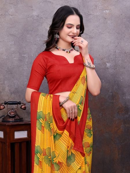 Ready to Wear Floral Leaf Printed Simmer Silk saree Ready To Wear Sarees