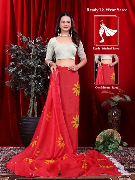 Ready to wear Floral Print Handloom Pure Linen Saree with Unstitched Blouse Piece