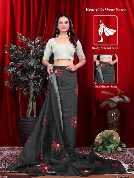 Ready to wear Floral Print Handloom Pure Linen Saree with Unstitched Blouse Piece