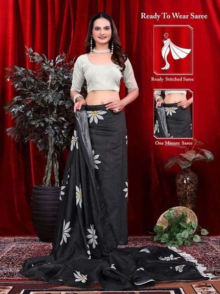Ready to wear Floral Print Handloom Pure Linen Saree with Unstitched Blouse Piece