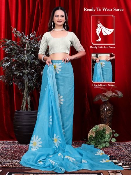 Ready to wear Floral Print Handloom Pure Linen Saree with Unstitched Blouse Piece 