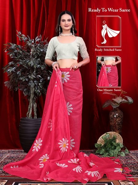 Ready to wear Floral Print Handloom Pure Linen Saree with Unstitched Blouse Piece