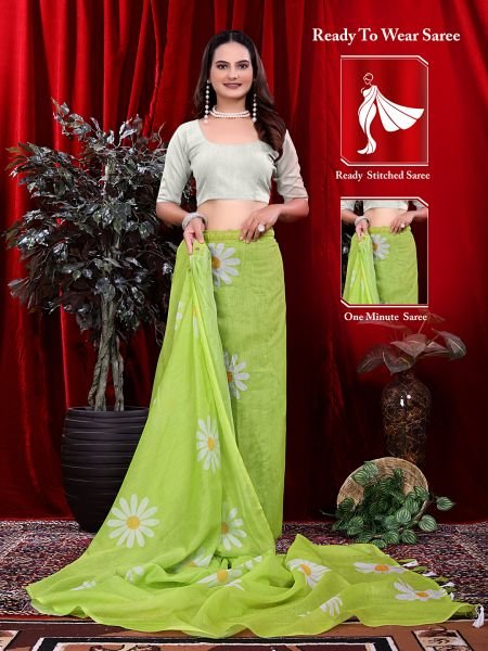Ready to wear Floral Print Handloom Pure Linen Saree with Unstitched Blouse Piece