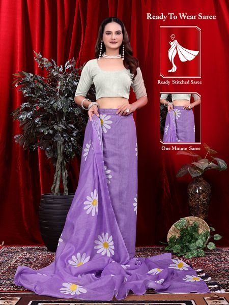 Ready to wear Floral Print Handloom Pure Linen Saree with Unstitched Blouse Piece