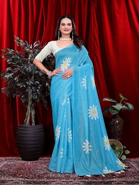 Ready to wear Floral Print Handloom Pure Linen Saree with Unstitched Blouse Piece Ready To Wear Sarees