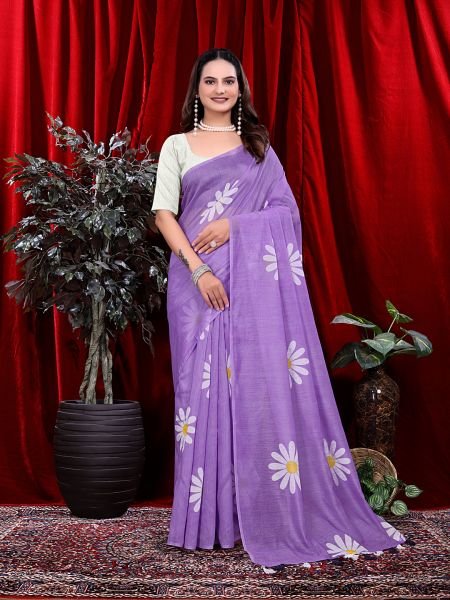 Ready to wear Floral Print Handloom Pure Linen Saree with Unstitched Blouse Piece Ready To Wear Sarees