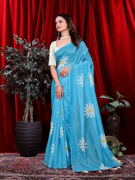 Ready to wear Floral Print Handloom Pure Linen Saree with Unstitched Blouse Piece Ready To Wear Sarees