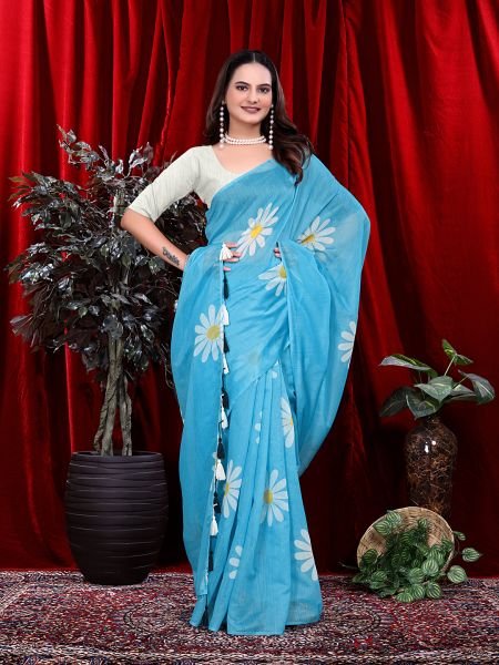 Ready to wear Floral Print Handloom Pure Linen Saree with Unstitched Blouse Piece Ready To Wear Sarees