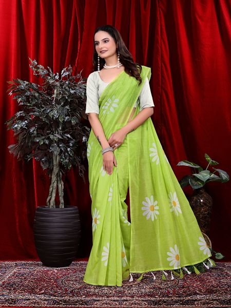 Ready to wear Floral Print Handloom Pure Linen Saree with Unstitched Blouse Piece Ready To Wear Sarees