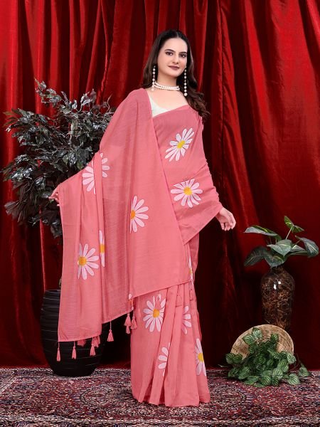 Ready to wear Floral Print Handloom Pure Linen Saree with Unstitched Blouse Piece Ready To Wear Sarees