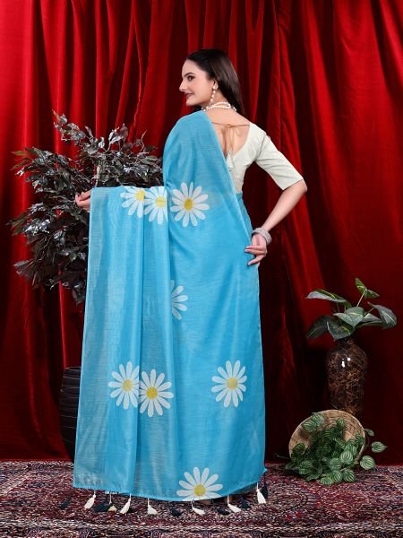 Ready to wear Floral Print Handloom Pure Linen Saree with Unstitched Blouse Piece Ready To Wear Sarees