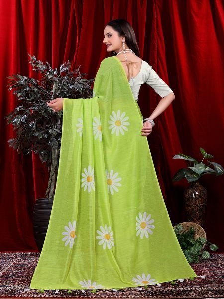 Ready to wear Floral Print Handloom Pure Linen Saree with Unstitched Blouse Piece Ready To Wear Sarees