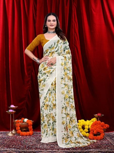 Ready to wear Floral Printed Georgette Saree Ready To Wear Sarees