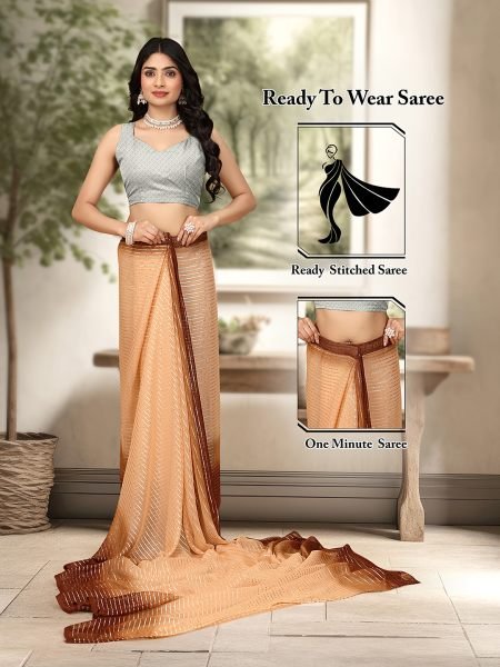 Ready To Wear Georgette Silver Zari Line Brown Saree Saree