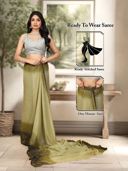 Ready To Wear Georgette Silver Zari Line Green Saree Saree