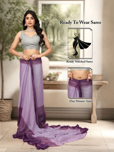 Ready To Wear Georgette Silver Zari Line Purple Saree Saree