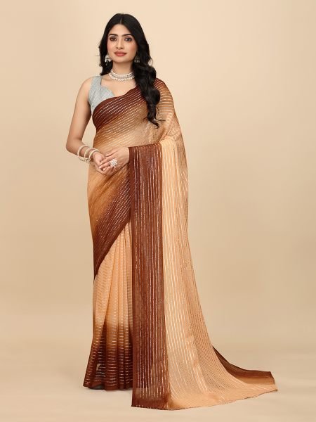 Ready To Wear Georgette Silver Zari Line Brown Saree Designer Sarees