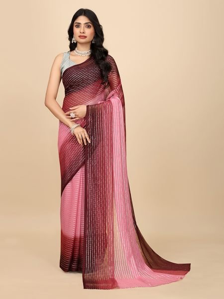 Ready To Wear Georgette Silver Zari Line Maroon Saree Designer Sarees