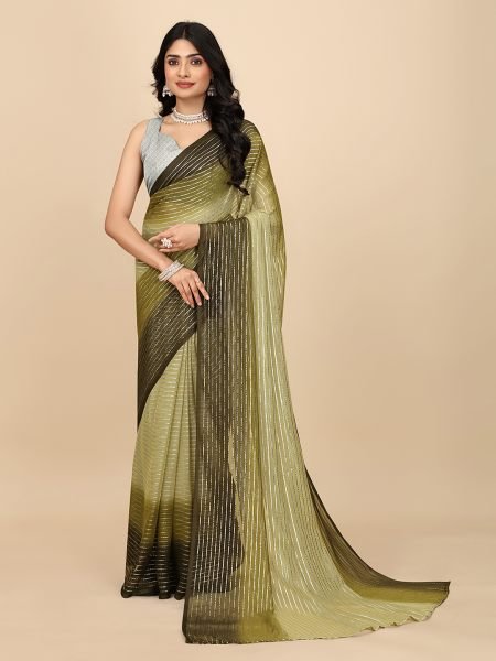Ready To Wear Georgette Silver Zari Line Green Saree Designer Sarees