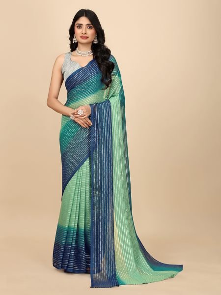 Ready To Wear Georgette Silver Zari Line Rama Saree Designer Sarees