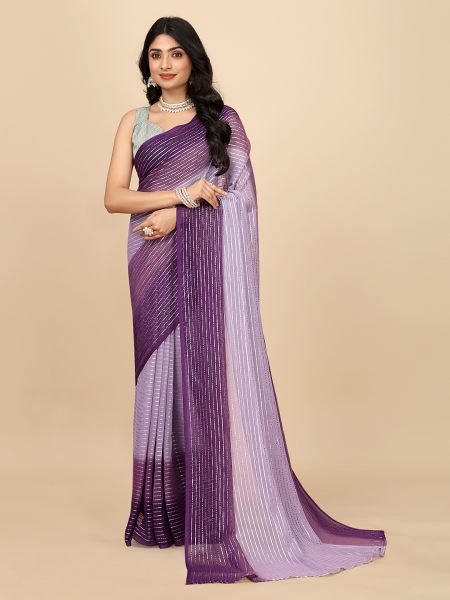 Ready To Wear Georgette Silver Zari Line Purple Saree Designer Sarees