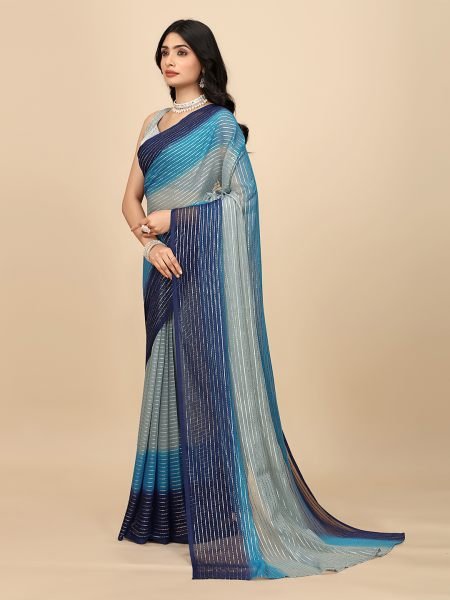 Ready To Wear Georgette Silver Zari Line Blue Saree Designer Sarees