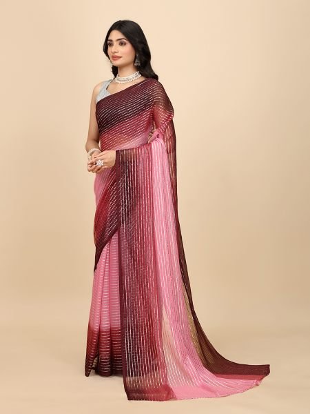 Ready To Wear Georgette Silver Zari Line Maroon Saree Designer Sarees
