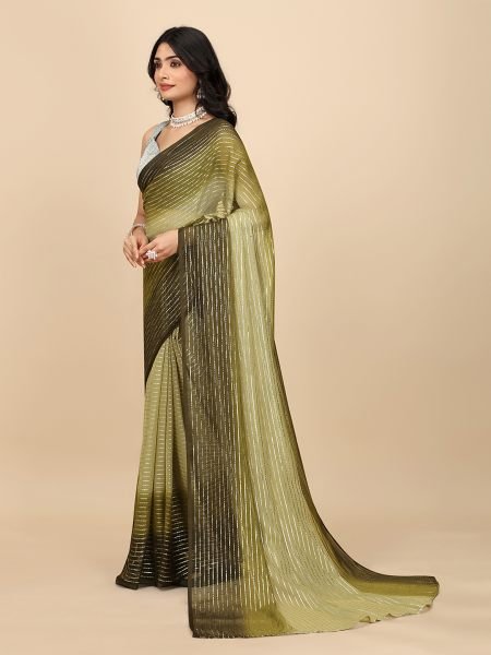 Ready To Wear Georgette Silver Zari Line Green Saree Designer Sarees