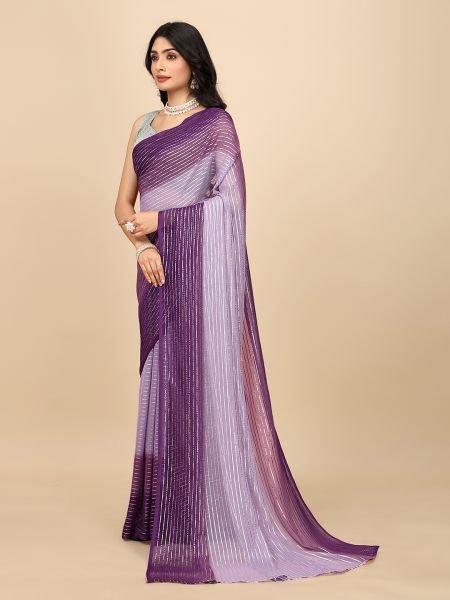 Ready To Wear Georgette Silver Zari Line Purple Saree Designer Sarees