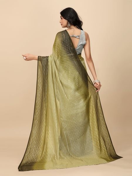 Ready To Wear Georgette Silver Zari Line Green Saree Designer Sarees