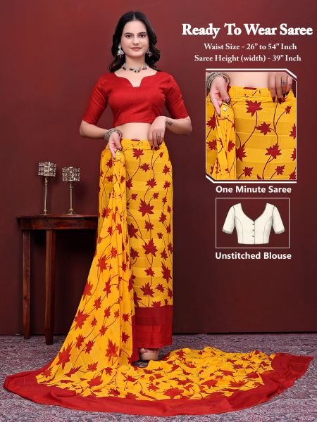 Ready-to-Wear Saree Floral Leaf Print Simmer Silk Saree Saree