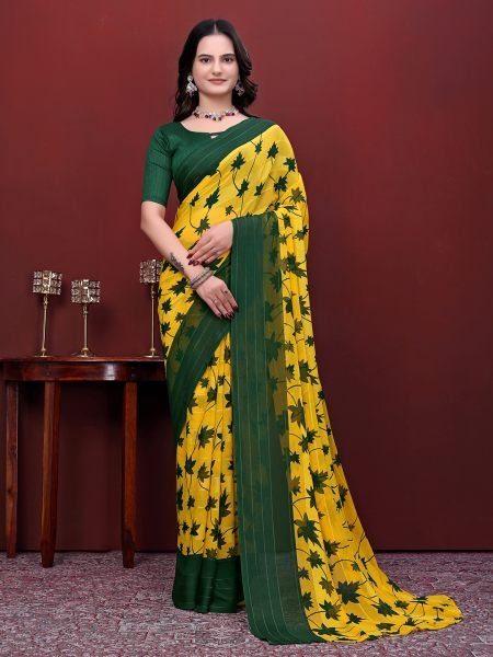 Ready-to-Wear Saree Floral Leaf Print Simmer Silk Saree Ready To Wear Sarees