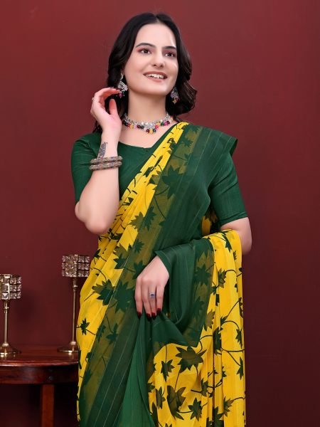Ready-to-Wear Saree Floral Leaf Print Simmer Silk Saree Ready To Wear Sarees