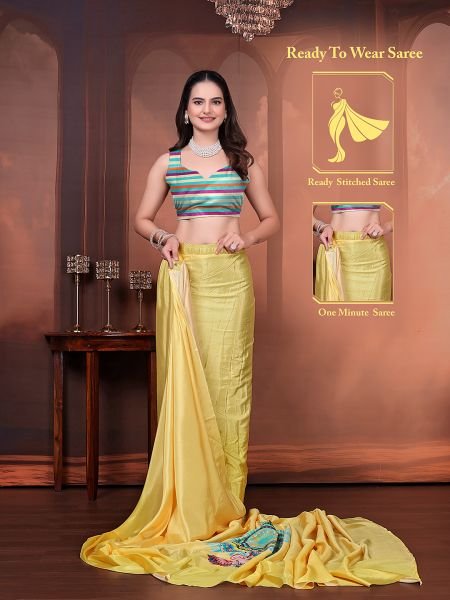 Ready to Wear Silk Crepe Floral Print Saree with Unstitched Blouse for Party Wear Daily Deals