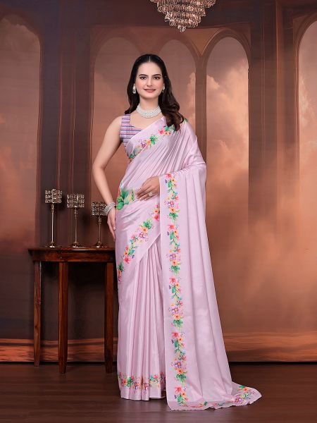 Ready to Wear Silk Crepe Floral Print Saree with Unstitched Blouse for Party Wear Ready To Wear Sarees