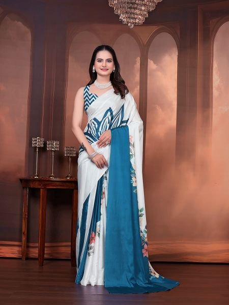 Ready to Wear Silk Crepe Floral Print Saree with Unstitched Blouse for Party Wear Ready To Wear Sarees