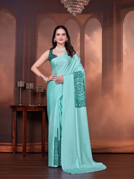 Ready to Wear Silk Crepe Floral Print Saree with Unstitched Blouse for Party Wear Ready To Wear Sarees