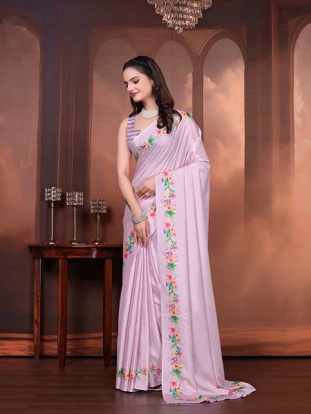 Ready to Wear Silk Crepe Floral Print Saree with Unstitched Blouse for Party Wear Ready To Wear Sarees