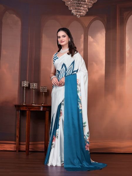 Ready to Wear Silk Crepe Floral Print Saree with Unstitched Blouse for Party Wear Ready To Wear Sarees