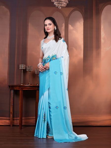 Ready to Wear Silk Crepe Floral Print Saree with Unstitched Blouse for Party Wear Ready To Wear Sarees