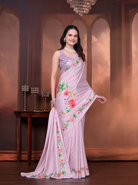 Ready to Wear Silk Crepe Floral Print Saree with Unstitched Blouse for Party Wear Ready To Wear Sarees